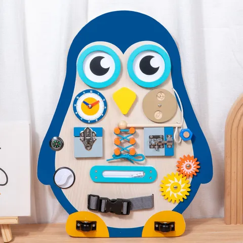 Wooden Penguin Busy Board Montessori Educational Toy Sensory Activity Board Life Skills Learning Toy Kids Gift