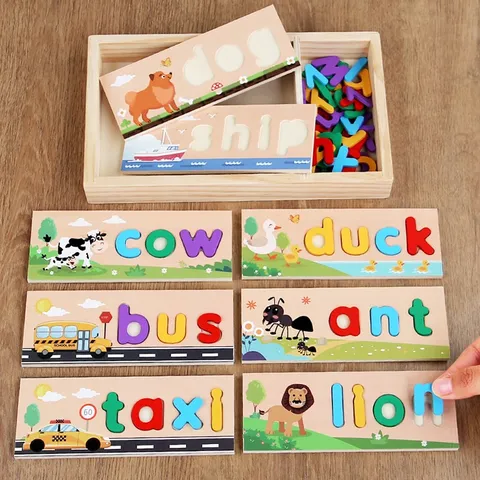 Wooden Spelling Words Game Educational Toys Alphabet Blocks With Storage Box For Kids Early Cognition Learning