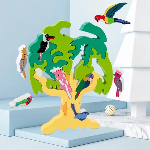Kids Wooden 3D Stereoscopic Bird Tree Puzzle Building Blocks Educational Early Learning Toy Creative Assembly Play Set