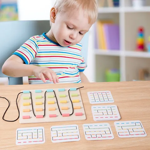 Kids Montessori Wooden Rope Threading Puzzle Toy Early Education Color Cognition Hand Eye Coordination Beads Board