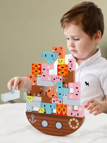 Wooden Animal Balancing Boat Stacking Game Montessori Educational Toy Desktop Balance Block Puzzle For Kids