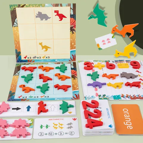 Wooden Dinosaur Math Thinking Board Game Educational Counting Puzzle Toy For Kids Early Learning Cognitive Matching Game