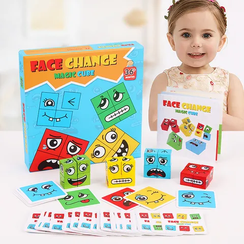 Juguete de Rompecabezas de Cubo Mágico de Cambio de Rostro de Madera Niños Juego de Mesa Interactivo Padres Hijos Bloques de Construcción Educativos