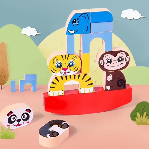 Blocchi di Bilanciamento Animali in Legno Gioco di Impilamento Giocattolo Educativo Bambini Montessori Puzzle Interattivo Regalo Per Bambini