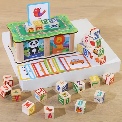 Montessori Early Educational Wooden Word Spelling Toy Alphabet Number Learning Cognition Puzzle Set For Kids