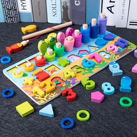 Wooden Educational Number Puzzle Matching Board Montessori Toy For Kids Early Learning Shape Sorting Fishing Game