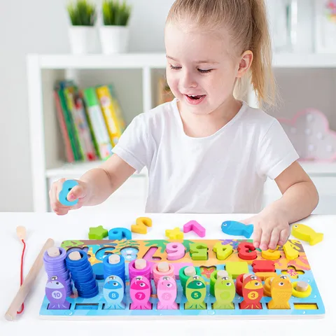 Wooden Educational Number Puzzle Matching Board Montessori Toy For Kids Early Learning Shape Sorting Fishing Game