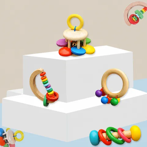 Wooden Baby Rattle Four Piece Set Infant Hand Grasp Rattles Orff Musical Instruments Early Educational Baby Toys Gift