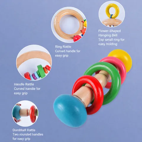 Wooden Baby Rattle Four Piece Set Infant Hand Grasp Rattles Orff Musical Instruments Early Educational Baby Toys Gift
