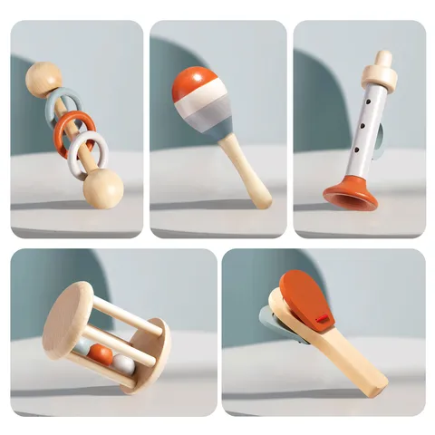 Wooden Baby Rattle Set Multi-Piece Early Educational Musical Toy Safe Eco-Friendly Wood Infant Sensory Development Gift