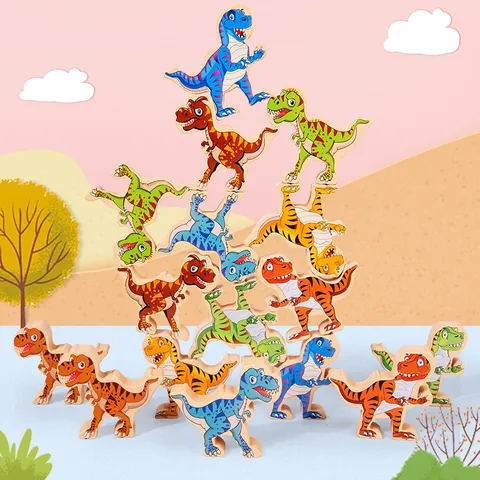 Kids Wooden Dinosaur Balancing Stacking Blocks Toy Early Educational Puzzle Game Multicolor Cartoon Animals Kids Gift