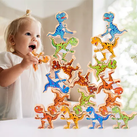 Kids Wooden Dinosaur Balancing Stacking Blocks Toy Early Educational Puzzle Game Multicolor Cartoon Animals Kids Gift