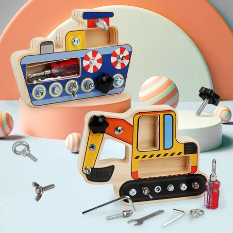 Wooden Children Educational Toy Excavator Ship Nut Screwing Busy Board Fine Motor Skill Early Education Learning Toy