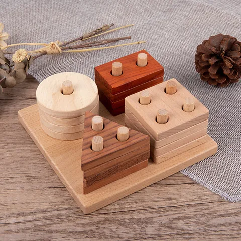 Niños De Madera Forma Geométrica Emparejamiento Cognitivo Cinco Cuatro Columna Bloques De Construcción Juguete Montessori Educación Temprana Juguete Rompecabezas