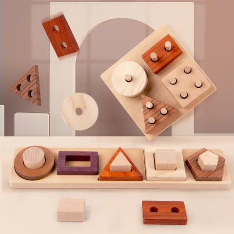 Children Wooden Geometric Shape Matching Cognitive Five Four Column Building Blocks Toy Montessori Early Education Puzzle Toy