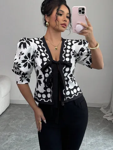 French Vintage Black And White Printed Blouse For Women Summer Puff Lantern Sleeve Tie Front Cardigan Top V-neck Casual Shirt