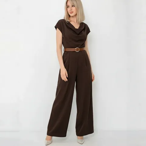 Women's Elegant Satin Jumpsuit Cowl Neck Wide Leg Sleeveless One Piece Bodysuit For Office Party Commuting Clothing