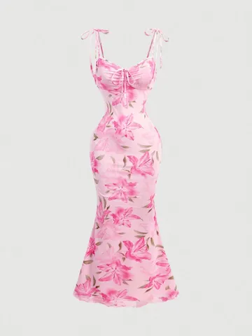 Elegant Polyester Spandex Floral Cami Dress Sleeveless Drawstring Ruffled Slim Fit Bodycon Midi Dress For Women Party Banquet