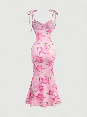 Elegant Polyester Spandex Floral Cami Dress Sleeveless Drawstring Ruffled Slim Fit Bodycon Midi Dress For Women Party Banquet