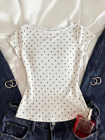 T-Shirt Femme à Pois Col en V Patchwork Dentelle Haut Élégant Blanc Été Décontracté