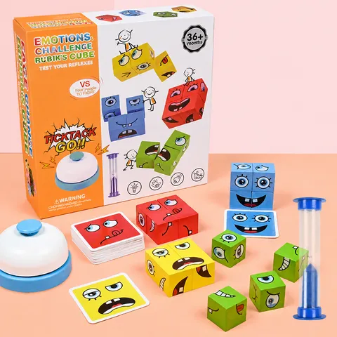 Bloques de Construcción de Cubo Mágico Cambiante de Cara de Madera Rompecabezas Juego de Mesa Educativo Juguete Interactivo para Niños Regalo