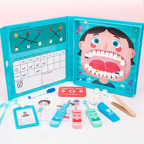 Bambini Set di Giocattoli da Dentista in Legno Gioco di Ruolo Dottore Kit Medico Giocattolo Educativo di Apprendimento Modello di Dente Magnetico Regalo per Bambini