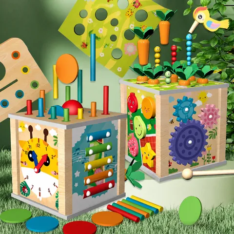 Wooden Multifunctional Nine In One Treasure Box Educational Toy Shape Matching Pull Radish Learning Toys For Kids