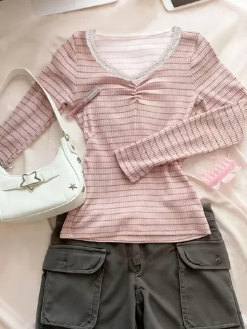 T-Shirt a Maniche Lunghe a Righe Con Bordo in Pizzo Scollo a V Donna Top Pullover Slim Fit in Maglia a Costine