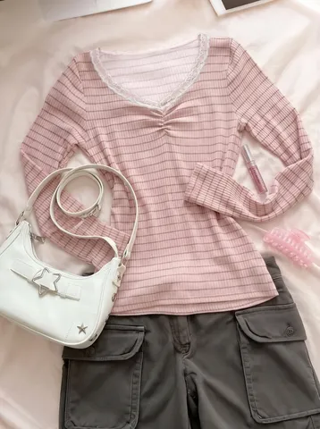 T-Shirt a Maniche Lunghe a Righe Con Bordo in Pizzo Scollo a V Donna Top Pullover Slim Fit in Maglia a Costine
