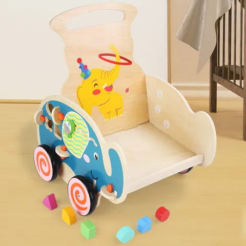 Wooden Baby Walker Early Education Pushcart Infant Cartoon Multi-Functional Learning Walking Push Toy Geometric Shape Matching