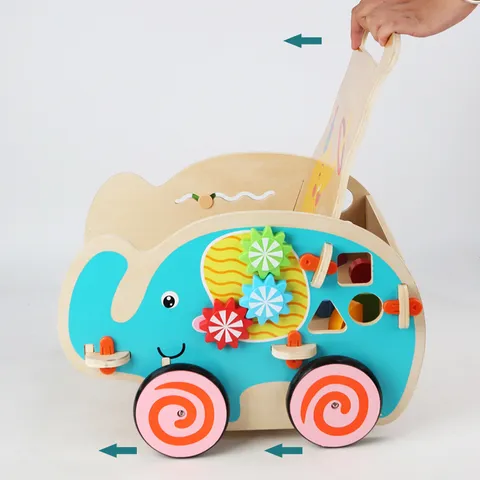 Wooden Baby Walker Early Education Pushcart Infant Cartoon Multi-Functional Learning Walking Push Toy Geometric Shape Matching