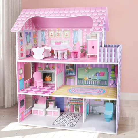 Grande Villa de Maison de Poupée de Princesse en Bois Jouet de Rôle Rose Château Maison Avec Ensemble de Meubles Miniatures Cadeau Fille