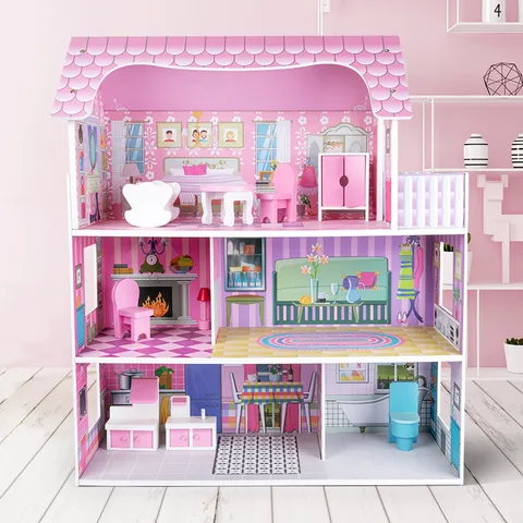 Grande Villa de Maison de Poupée de Princesse en Bois Jouet de Rôle Rose Château Maison Avec Ensemble de Meubles Miniatures Cadeau Fille