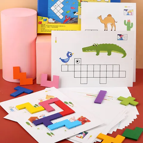 Kids Wooden Educational Puzzle Toy Russian Pentomino Blocks Colorful Geometric Shape Matching Game Brain Teaser Gift