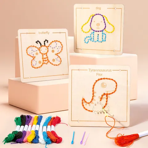 Kinder Holz Schnürkarte Stickgarn Lernspielzeug Frühes Lernen Feinmotorik Montessori Spiel für Kinder