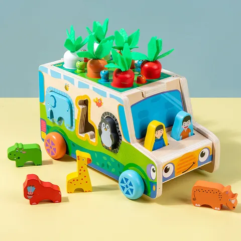 Wooden Educational Carrot Pulling Sorting Toy Animal Shape Matching Cart For Toddlers Kids Learning Puzzle
