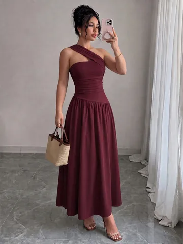 Robe Midi Sexy à Une Épaule Sans Manches pour Femme Élégante Plissée Ligne A Taille Cintré Couleur Unie Fête Vacances