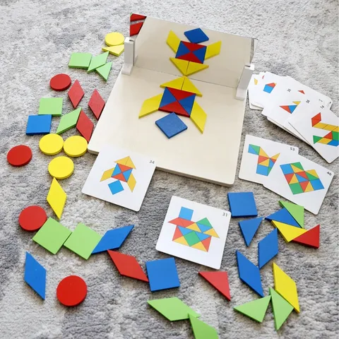 Kids Educational Mirror Geometric Puzzle Montessori Wooden Tangram Learning Toy Kids Spatial Cognition Training Game Gift