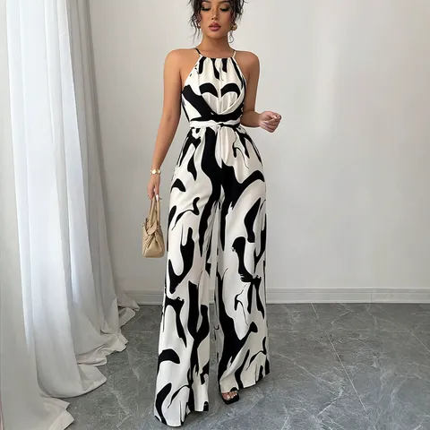 Women Halter Backless Jumpsuit Abstract Milk Pattern Print Wide Leg Romper Set Summer Vacation Daily Sleeveless Polyester Jumpsuit