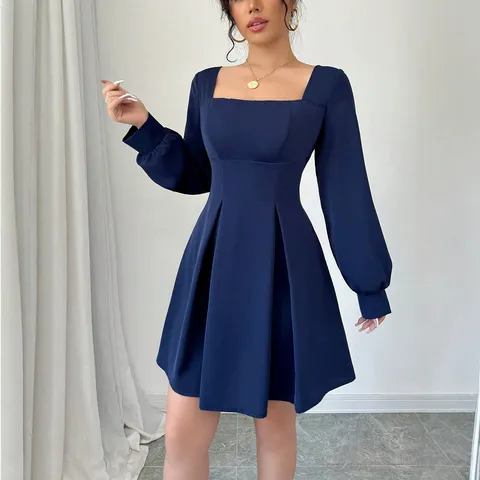 Elegant Square Neck Long Sleeve Midi Dress for Women Navy Blue Slim Fit A-Line Office Lady Commute Polyester Dresses