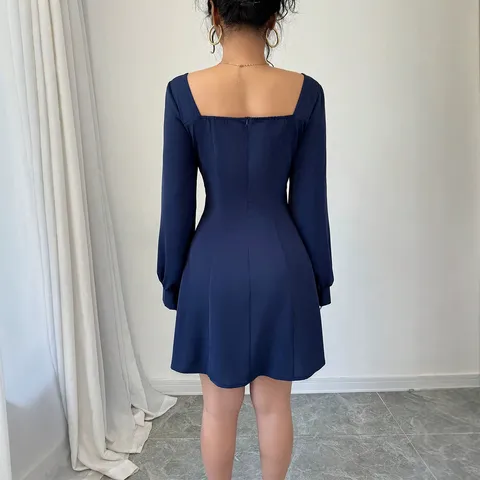 Elegant Square Neck Long Sleeve Midi Dress for Women Navy Blue Slim Fit A-Line Office Lady Commute Polyester Dresses