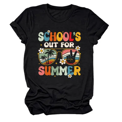 Dames Casual Katoen Bedrukt T-Shirt Ronde Hals Korte Mouw Top Voor Zomer Vintage School Out Graphic Tee