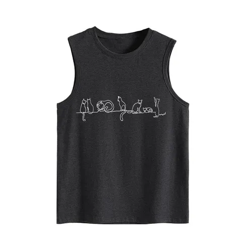 Women Seven Cats Graphic Print Tank Top Summer Casual Cotton Sleeveless Round Neck Loose Vest Top Fashion Graphic Tee Top