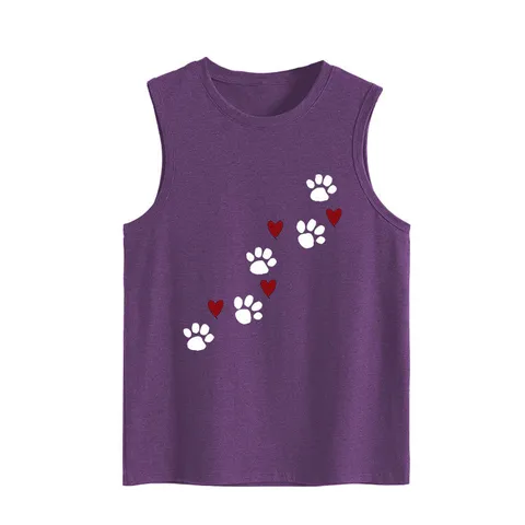 Women's Casual Sleeveless Tank Top Loose Fit Round Neck Paw Print And Heart Pattern Cotton Blend Summer Top