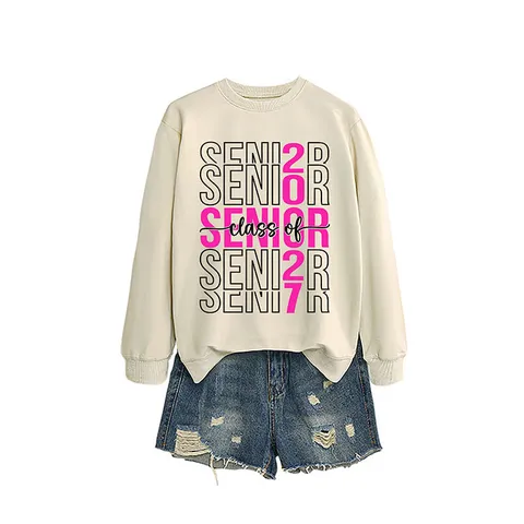 Damen Lässiges Baumwoll Sweatshirt Senior Class Of 2027 Bedrucktes Langarm Rundhalsausschnitt Pullover Top Abschluss Herbst Winter Kleidung