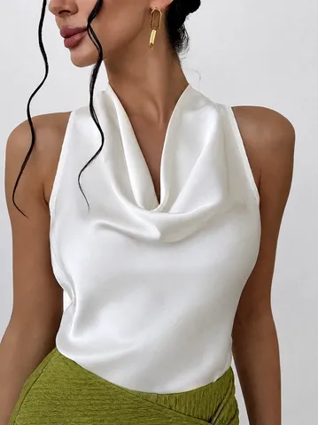 Women's Elegant Summer Sexy Halter Sleeveless Satin Top Solid Color Casual Basic Patchwork Fashion Blouse Apparel