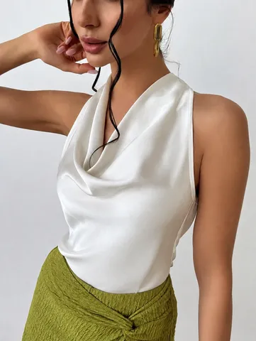 Women's Elegant Summer Sexy Halter Sleeveless Satin Top Solid Color Casual Basic Patchwork Fashion Blouse Apparel
