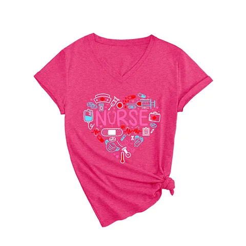 Damen V-Ausschnitt Kurzarm Top Locker Baumwolle Bedruckt Krankenschwester Stethoskop Herz Grafik Casual T-Shirt