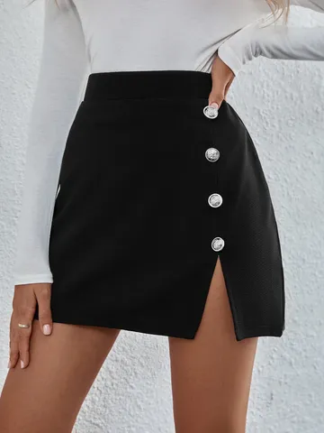 Women High Waist Side Split Mini Skirt Elegant Button Decorated A-Line Hip Wrapped Short Skirt Autumn Winter Fashion