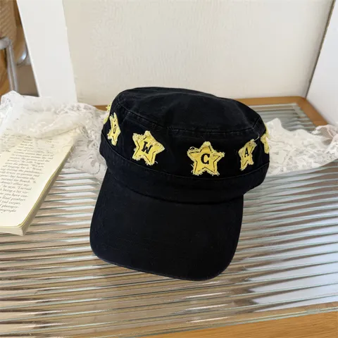 Japanese Retro Embroidered Star Flat Top Cap For Men Women Distressed Streetwear Casual Adjustable Sunshade Cadet Patrol Hat